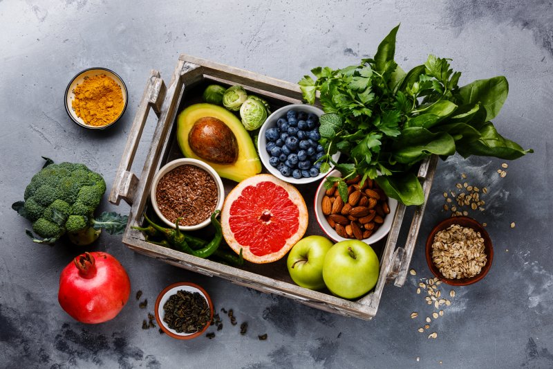 a table full of foods that benefit your oral health in Stephens City